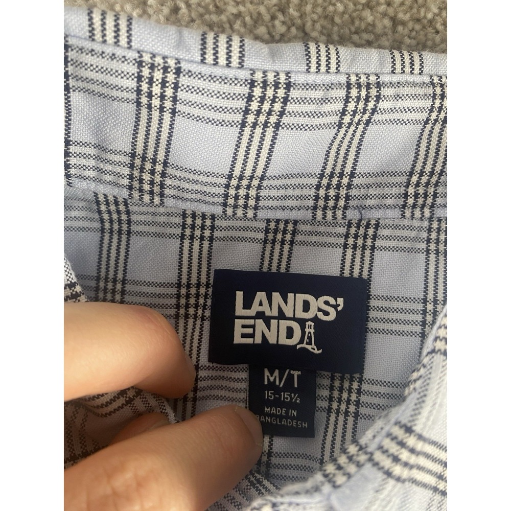 Lands Ends Chase Bank Blue Plaid 3 Button Polo Long Sleeve 15-15.5 Mens M Preppy - Picture 2 of 8
